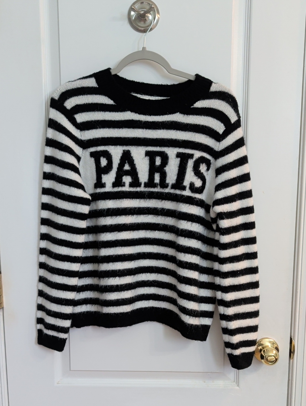 Primark Black & White Striped Crewneck Sweater with PARIS Lettering fuzzy winter